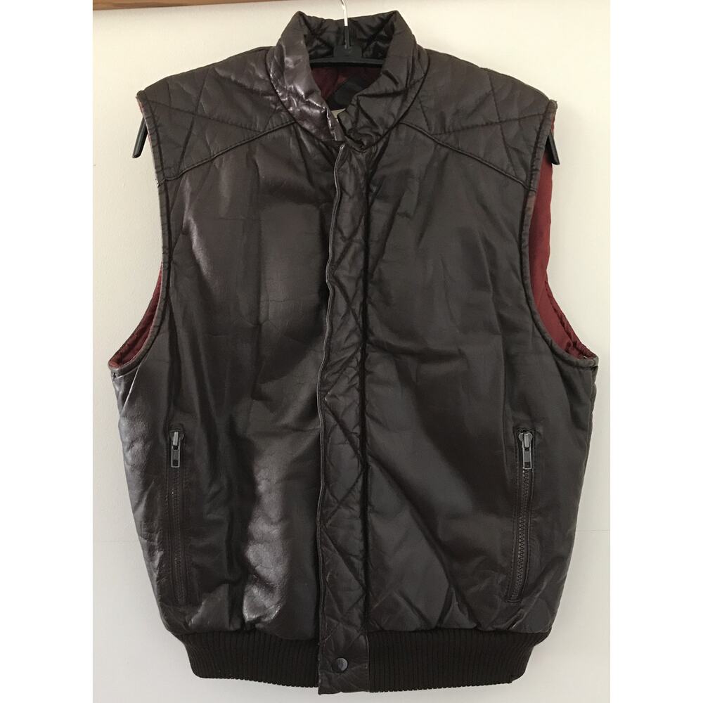 Vintage 70s 80s Saxony Brown Leather Zip Up Quilted Puffer Vest Mens 38 Korea